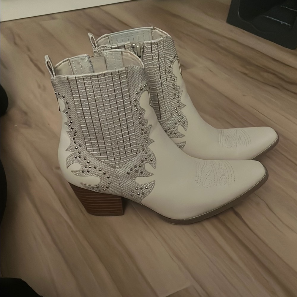 Coconuts by Matisse White and Brown Ankle Boots with Studded Embellishments